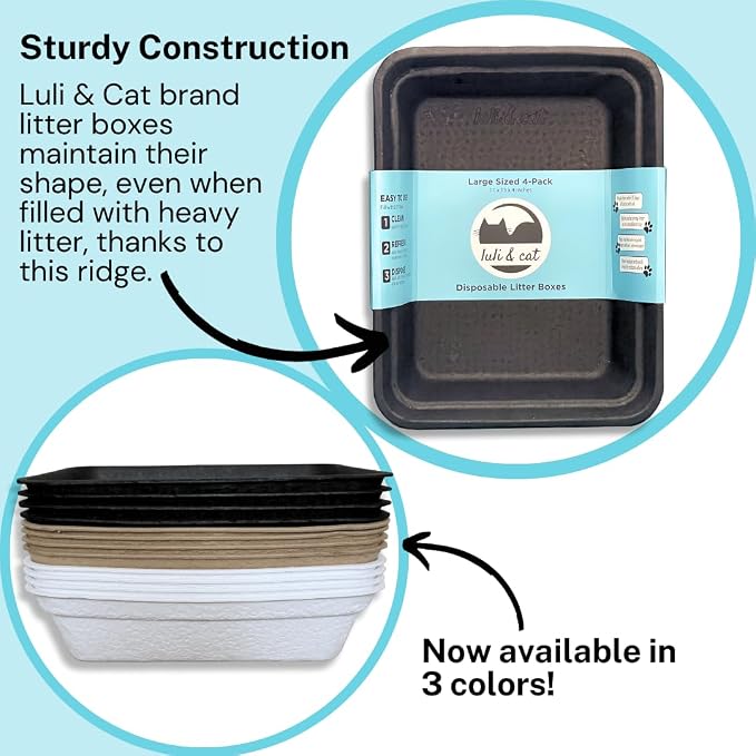Luli & Cat Disposable Litter Boxes for Cats | Large Sized Black Colored 4-Pack | Durable and Water Resistant
