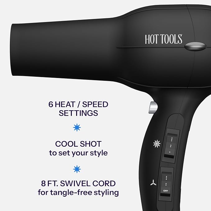 Hot Tools Pro Artist Turbo Ionic Hair Dryer, 1875W High Airflow for Fast Drying, Lightweight Design, Frizz Control, Diffuser and Concentrator, Multiple Heat Settings, Cool Shot, Black
