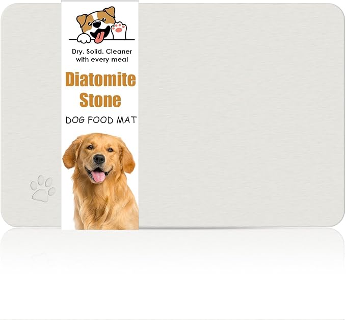 Newest Diatomite Stone Pet Feeding Mat for Dog&Cat–Super Absorbent Diatomite Fast Drying Stone Dog Food Mat, Quick Dry Dog Mats for Food and Water with Non-Slip Pad (24×16'', Off White, Square)