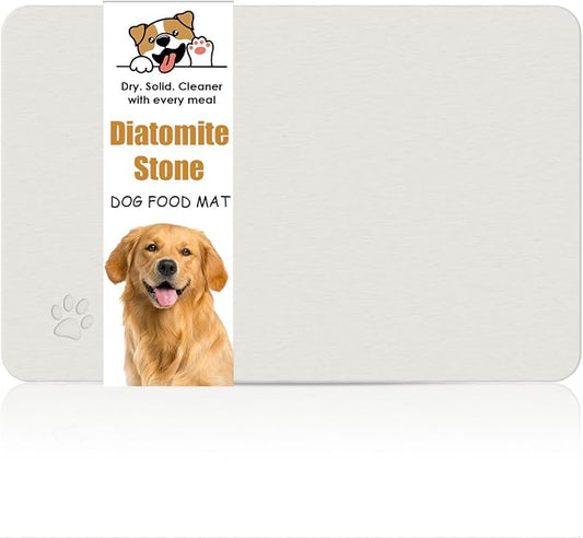 Newest Diatomite Stone Pet Feeding Mat for Dog&Cat–Super Absorbent Diatomite Fast Drying Stone Dog Food Mat, Quick Dry Dog Mats for Food and Water with Non-Slip Pad (24×16'', Off White, Square)
