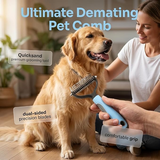 Double Sided Dematting Comb for Cats & Dogs, Undercoat Rake for Small & Large Breeds, Safe Deshedding Grooming Tool for Long Thick Haired Pets, Ergonomic Pet Grooming Brush (Blue, Small)
