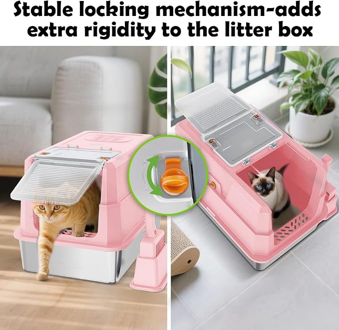 SZEE Stainless Steel Cat Litter Box with 180°Flip-Top Lid, Easy Clean XL Enclosed Litter Box, Large Covered Steel Cat Box with Scoop, Odor Control and Anti-Urine Leakage, 23.2 * 15 * 15 Inch, Pink