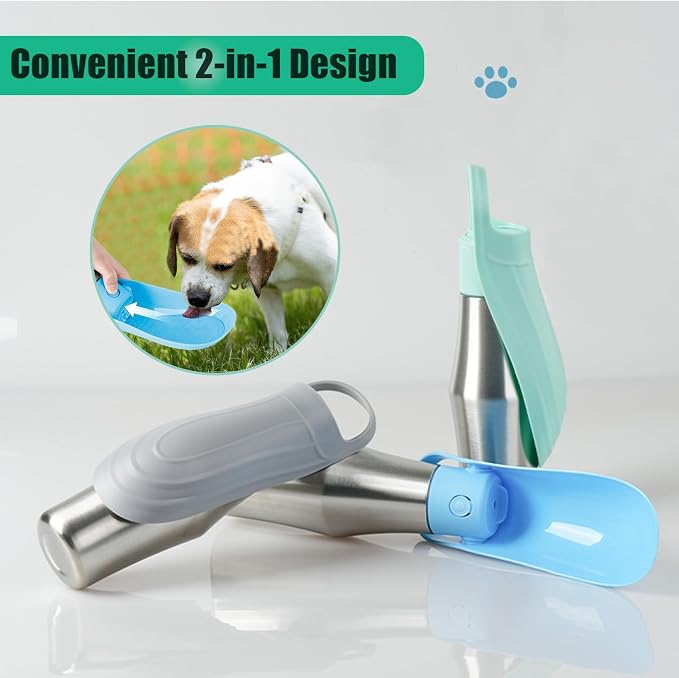 Portable Dog Water Bottle with Dispenser, 750ml Stainless Steel Travel Cup and Collapsible Water Bowl for Dogs, Ideal for Outdoor Activities, Walking,Hiking, Road Trips (Grey)