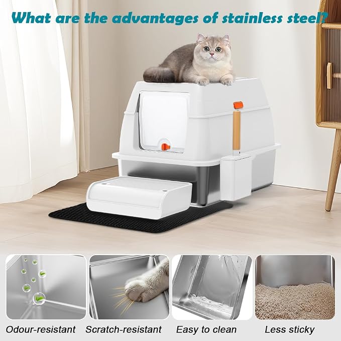 SZEE XL Stainless Steel Litter Box with Lid, Extra Large Metal Covered Litter Box, Stainless Box Easy Clean, Activated Charcoal Odor Control Design, Includes Litter Scoop & Mat & Step, White