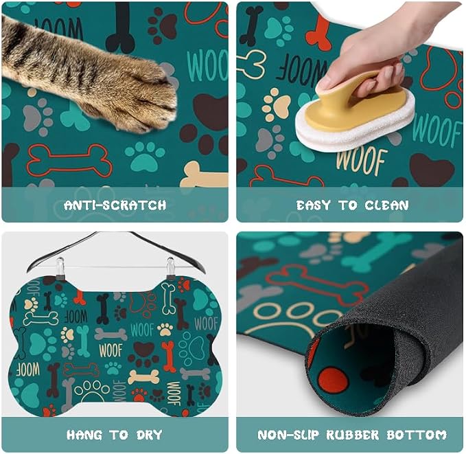 Dog Food Mats for Floors Waterproof, Pet Feeding Absorbent Water Bowl Mat Cat Placemats Green Bone Shape 19 * 12 inch