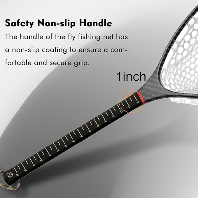 Riverruns Fly Fishing Landing Net Carbon Fiber Trout Net with Measurement Handle, Soft Rubber Mesh - 26" Standard (Wading) / 37" Long (Kayak)