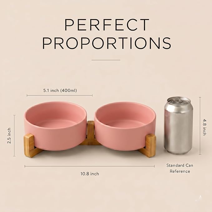 SPUNKYJUNKY Ceramic Dog and Cat Bowl with Wood Stand Non-Slip Matte Glaze Weighted Food Water Set for Cats &Small Dogs 13.5 OZ