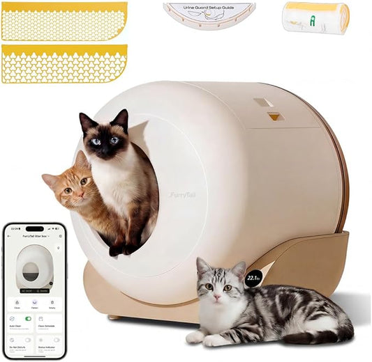 Furrytail Automatic Litter Box Self Cleaning, Kitty Litter Box, Smart Safety Sensors, Advanced Odor & Leak Control, Large Capacity for Multi Cat Homes, with App Control & 40 Trash Bags,Cream