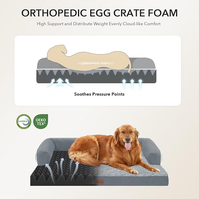 Orthopedic Dog Beds for Large Medium Sized Dogs, Waterproof Egg Crate Foam Large Dog Couch Beds with Comfy Bolster 36x27Inch, Washable Pet Beds with Removable Cover, Grey