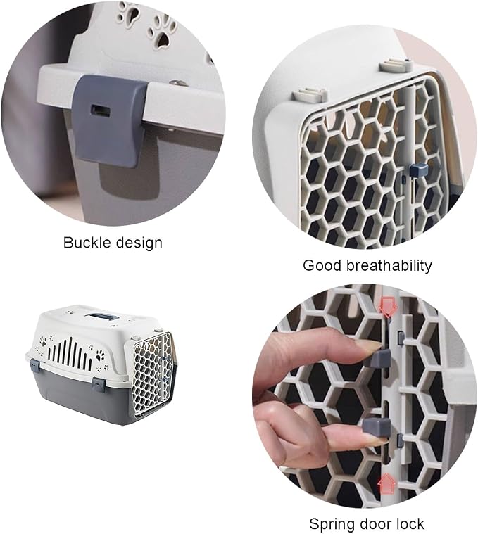 Plastic Cat Cage, Puppy Car Carrier with Door Locks and Handle, Portable Cat Travel Crate for Vet Visits Long Distance Trips(Gray)