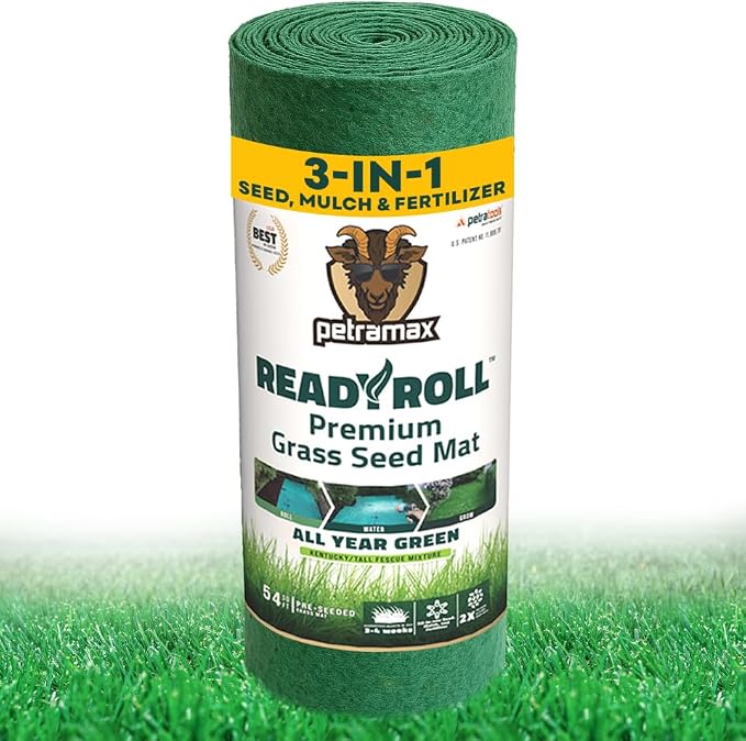 Petramax ReadyRoll Biodegradable Grass Seed Mat for Lawn (54 ft.) - All Year Green 3-in-1 Tall Fescue & Kentucky Grass Seed Rolls w/Mulch & Fertilizer - Lawn Repair Patch - Just Roll, Water, Grow