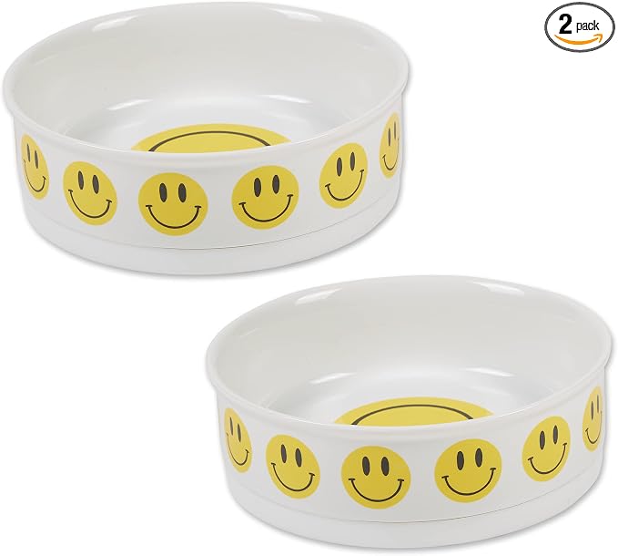 Bone Dry Ceramic Food Bowls, Non-Slip & Dishwasher Safe, Large Set, 7.5x2.4, Smiley Face, 2 Count