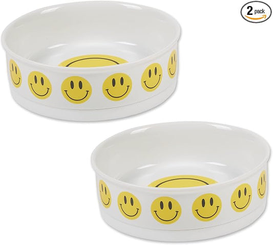 Bone Dry Ceramic Food Bowls, Non-Slip & Dishwasher Safe, Large Set, 7.5x2.4, Smiley Face, 2 Count