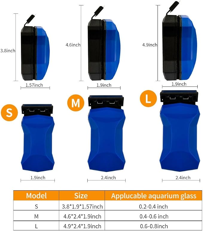 Magnetic Fish Tank Glass Cleaner, Dual-Blades Algae Scraper Glass Cleaner Scrubber with 2 Detachable Scrapers, Double Side Floating Magnetic Brush for 0.2-0.4 Inch Thick Glass Aquariums Tank, Size S