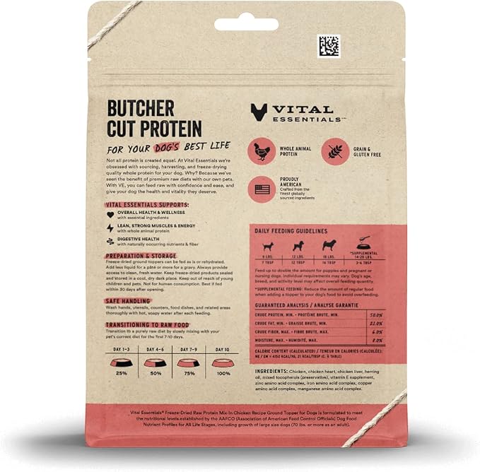 Vital Essentials Freeze Dried Dog Food Topper, Raw Chicken Ground Topper for Dogs | High Protein, Grain Free Dry Dog Food Mix-in | 6 oz Bag
