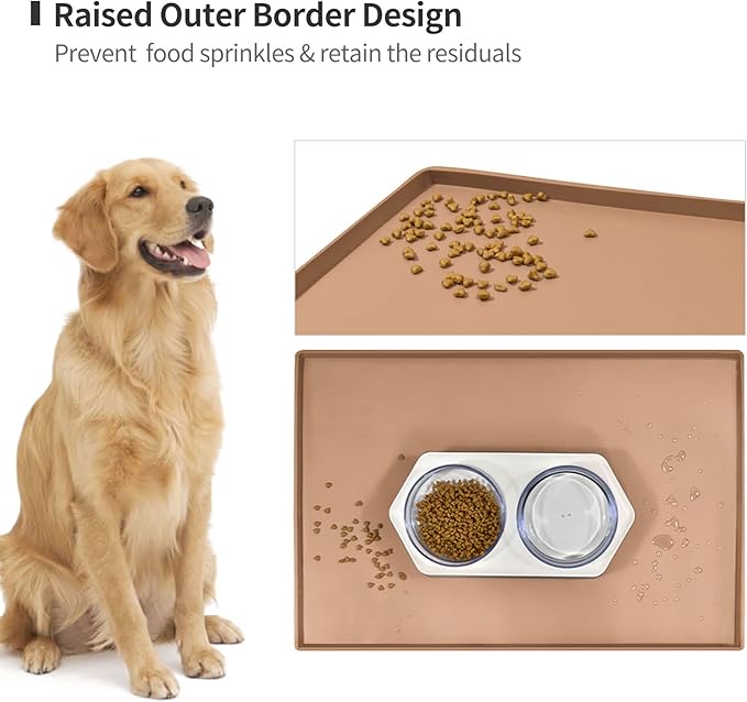 Dog Food Mat,Silicone Waterproof Food Tray,Non Slip Pet Bowl Mats Placemat,0.8" Raised Edge,Suitable for Most Small and Medium Sized Pets,28" x 18"