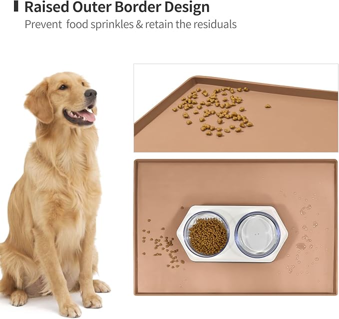 Dog Food Mat,Silicone Waterproof Food Tray,Non Slip Pet Bowl Mats Placemat,0.6" Raised Edge,Suitable for Most Small and Medium Sized Pets,18.5" x 11.5"
