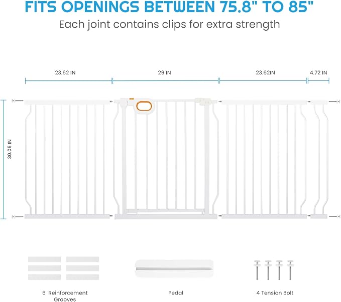 owlie Baby Gate Indoor 75-85 Inch, Extra Wide Safety Gate for Dogs Large Stairway Gate Adjustable Baby Gates Pressure Mount Wide Gates for Pet Stairway Doorways No Drilling White (30.5'' Tall)
