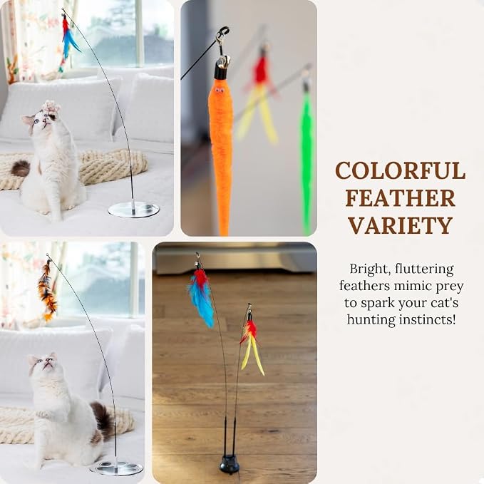 Cat Wand Toy for Indoor Cats - 43 Inch Retractable Fishing Pole Teaser - 9 Feather Attachments - Weighted Round Base - Suction Cup Mount - Bored Adult Feline Hunting Exercise - Kitten Juguetes Set