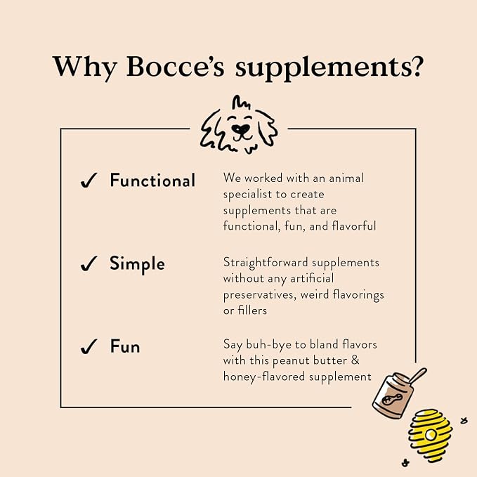 Bocce's Bakery Hip & Joint Supplement for Dogs, Daily Chews Made in The USA with Glucosamine, MSM, and Chondroitin, Supports Healthy Joints, Peanut Butter & Honey, 60 ct