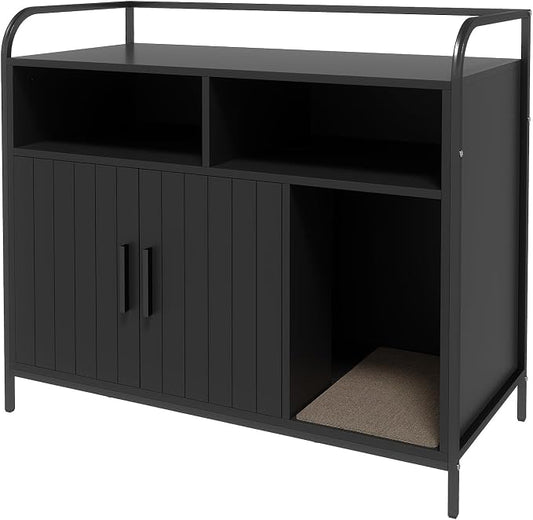 Garvee Cat Litter Box Enclosure Furniture Wooden Hidden Indoor Cat Washroom House Cabinet with 2 Open Compartments Scratching Mat Double Door Storage Cabinet Front Entry Air Vents Metal Frame