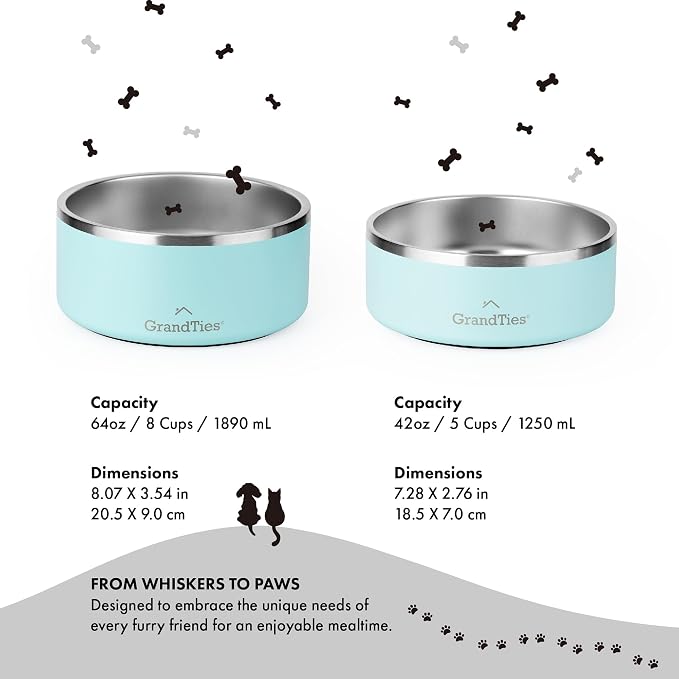 GrandTies Stainless Steel Dog Bowl | Engraved Reusable BPA-Free Insulated Cat & Dog Bowls | Large Heavy Duty Non Skid Spill Proof Bowl | Outdoor Dog Water Bowl (42oz, Powder Green)