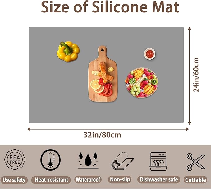 32''x24''(80cmx60cm) Silicone Mat for Kitchen Counter, Non-Slip Heat Resistant Countertop Protector, Waterproof Durable Kitchen Mat for Countertops, Islands (Black)