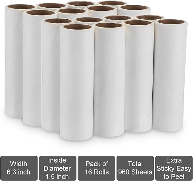 6.3 inch Wide Lint Roller Refills, Value Pack 16 Rolls Extra Sticky Lint Rollers Refill, Pet Hair Sticky Roller Refills for Floor, Couch, Carpet, Bed, Clothes(Pack of 16, Total 960 Sheets)