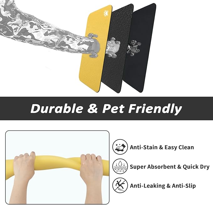HotLive Dog Food Mat - Absorbent Cat Mat for Food and Water, No Stains Pet Feeding Bowl Mat, Easy to Clean Pet Placemats, Quick Dry Dog Water Dispenser Mat for Messy Drinkers | Paw Yellow 12"x 19"