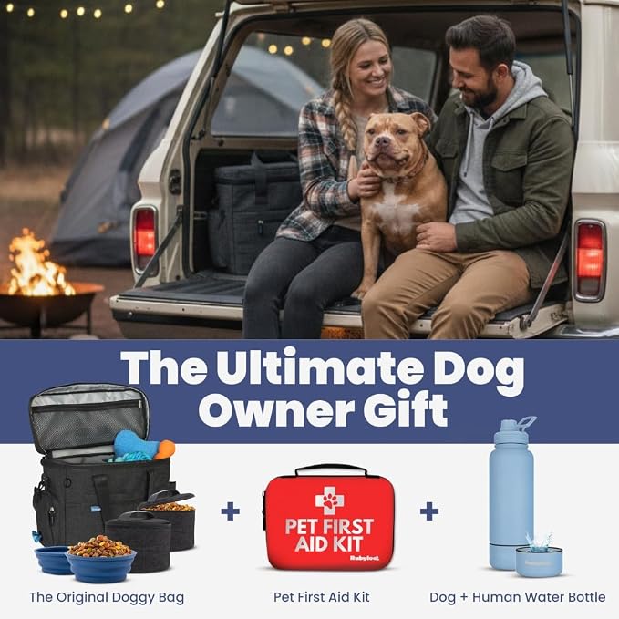 The Original Doggy Bag™ - Complete Dog Travel Bag for Supplies with 2 BPA-Free Travel Dog Bowls & 2 Pet Food Containers - Traveling Kit for Road Trips, Camping, Weekend Away or Doggy Gift: Charcoal