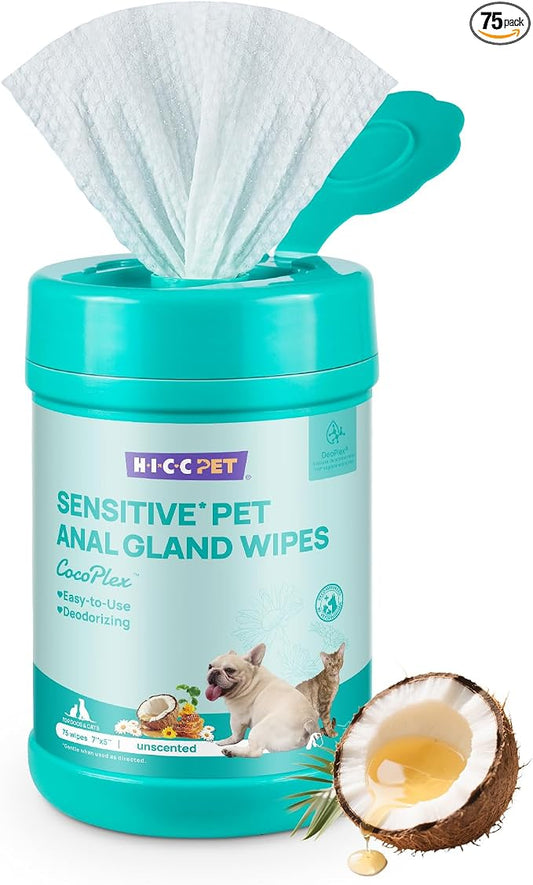 HICC PET Dog Wipes Cleansing Deodorizing, Nourishes Fur & Eliminates Odors, Pet Cat Cleaning Wipes for Paws and Butt - 75ct