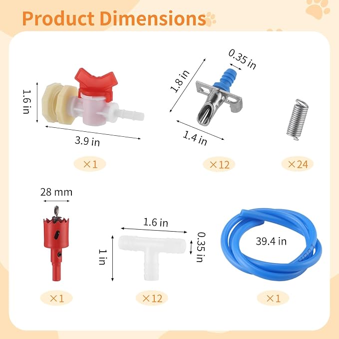 Automatic Rabbit Watering System Kit Include 12 Nipple Drinker, Hose and Valve, Gravity Feed Watering Kit with Drinking Nipples 28 mm Hole Opener for Rabbits Guinea Pigs Hamsters