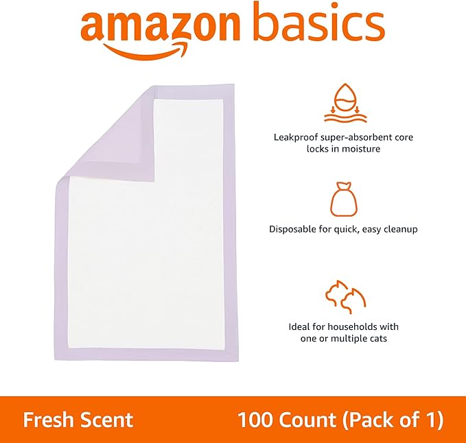 Amazon Basics Cat Pee Pads, Super Absorbent, Odor Control with Fresh Scent, Universal Fit for Litter Box, Multi Cat, Disposable, White/Purple, 100 Count