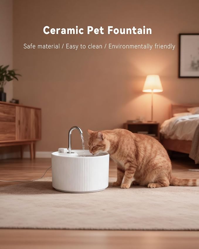 Ceramic Cat Water Fountain, 2.2L/74oz Cat Fountains for Drinking Indoor, Pet Water Fountain with Ultra-Quiet Pump (Fountain+3 Filters & 3 Sponges)