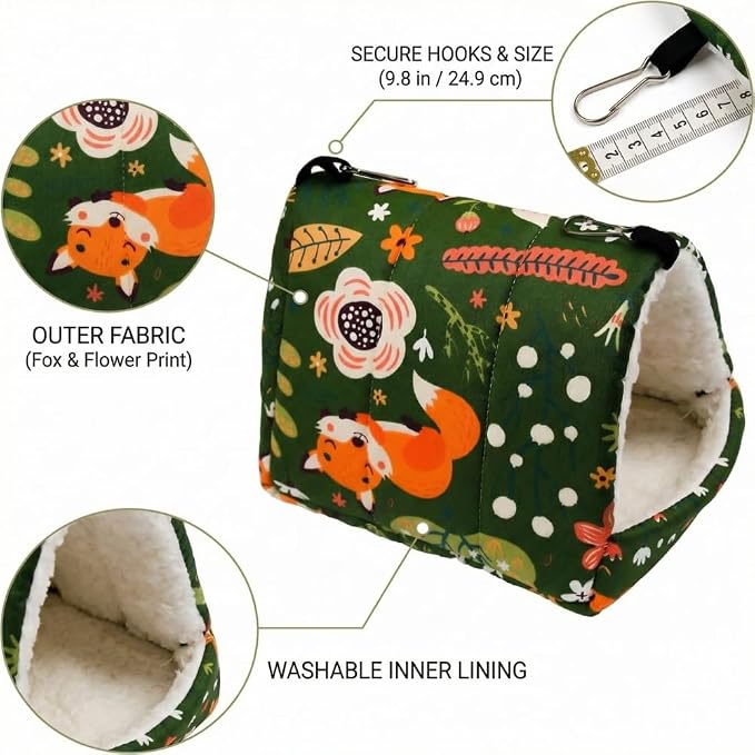 Guinea Pig Hideout 9.84 Inch, 4 Pack Small Animal Bed with Secure Hooks, Washable Fleece House for Guinea Pigs, Rabbits, Chinchillas, Hedgehog, Hamsters, Ferrets (Multi Patterns)
