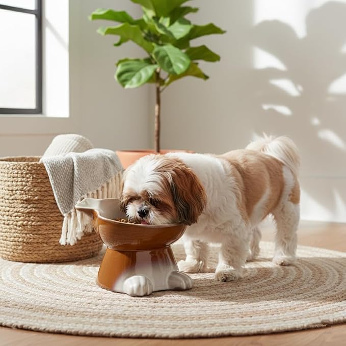 Nihow Elevated Ceramic Dog Bowls: 6.5 Inch Raised Dog Bowl for Food & Water - Food Safe Bowl for Medium/Small Size Dogs - Brown Puppy Bowls for Protecting Pet's Spine（1 PC）