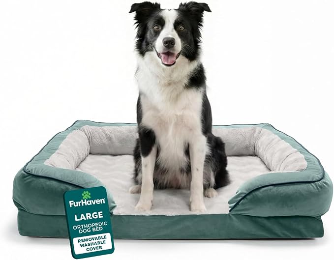 Furhaven Orthopedic Dog Bed for Large/Medium Dogs w/ Removable Bolsters & Washable Cover, For Dogs Up to 55 lbs - Plush & Velvet Waves Perfect Comfort Sofa - Celadon Green, Large