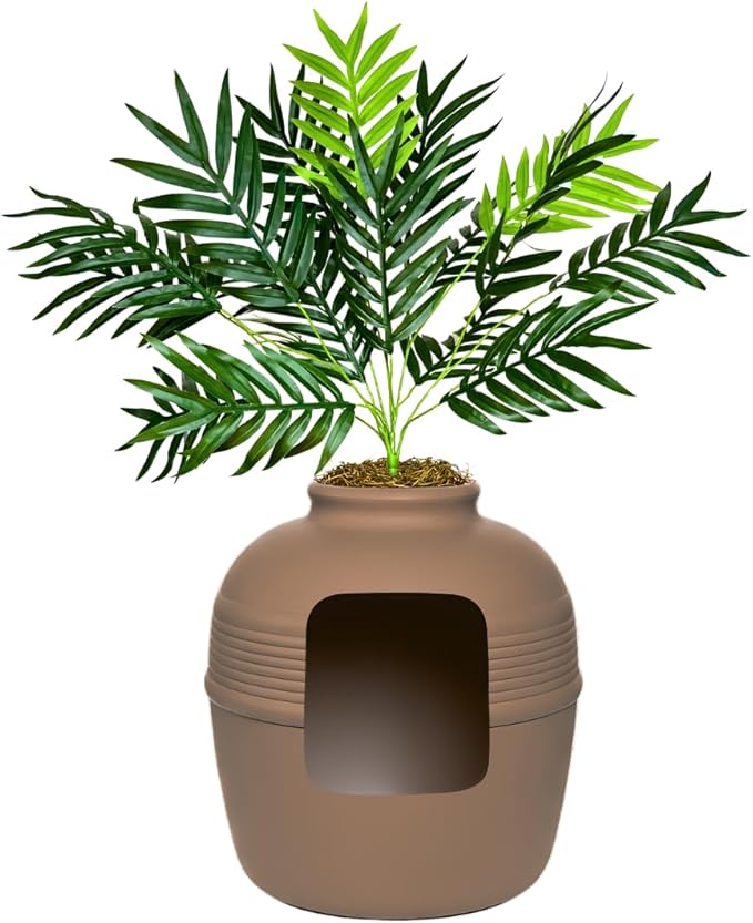 Good Pet Stuff Original Hidden Litter Box Planter, Decorative Cat Litter Enclosure with Carbon Filter, Artificial Palm Plant, Upgraded Design, Easy to Clean, Base Kit, Mocha Brown