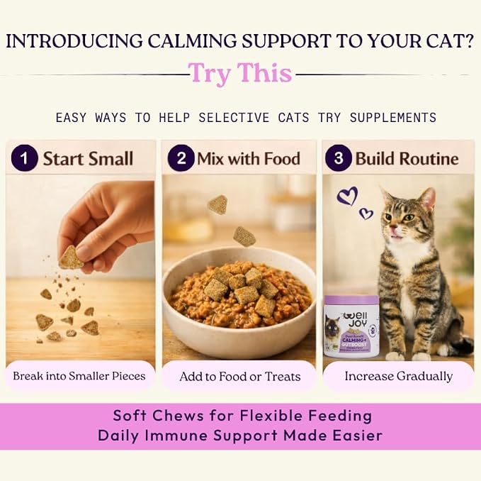 New! WellJoy Cat Supplement Calming+ GutBoost | Cat Health Supplement | Promotes Relaxation & Calmness | Dual-Benefit GutBoost Formulation | Vet Formulated | USA Made | Chicken Flavor | 90 Soft Chews