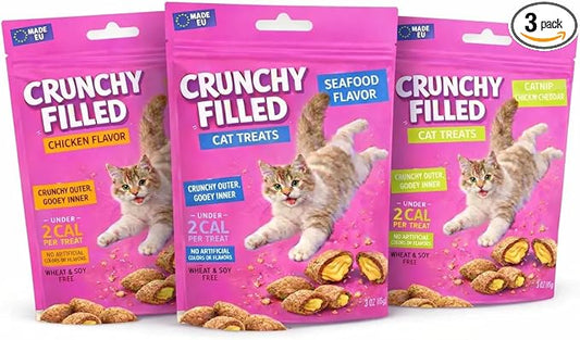 Calming Cat Treats for Indoor Cats Variety Pack – Crunchy Pillow Bites Gooey Center – Chicken Seafood Catnip Kitty Treats Cat Snacks Food Topper Wheat Soy Free Dental – 9oz (Packaging May Vary)