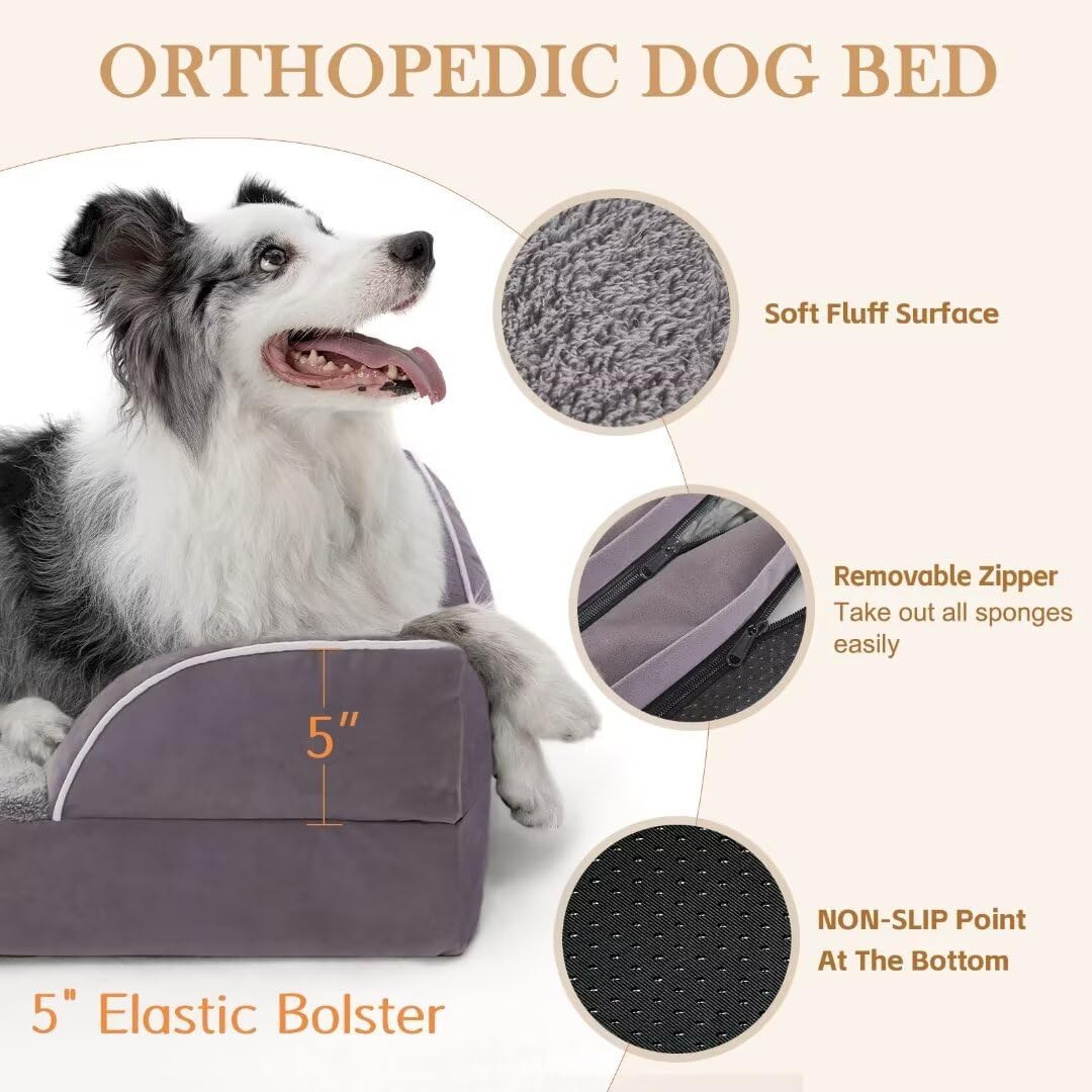 Comfort Expression Waterproof XL Dog Bed Orthopedic Foam Dogs Beds, Extra Large Dogs Bed with Bolster, Washable Dog Sofa Pet Beds with Removable Cover & Non-Slip Bottom(X-Large,Purple)