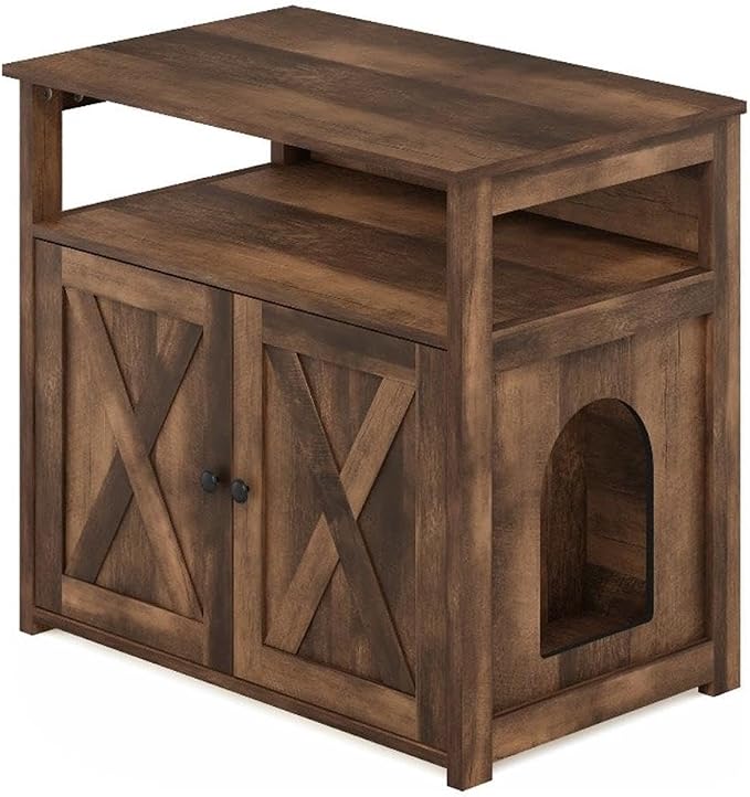 Furinno Peli Farmhouse Cat Litter Cabinet Storage with 2 Doors, Rustic Brown