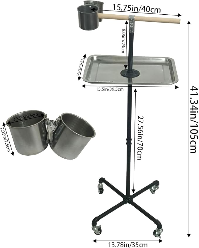 Stainless Steel Tray Bowls Bird Perch Stand,with Wheels Parrot Stand,Parrot Perch Stand 2 Stainless Steel Cups,Bird Play Stand for Indoor Outdoor(Black