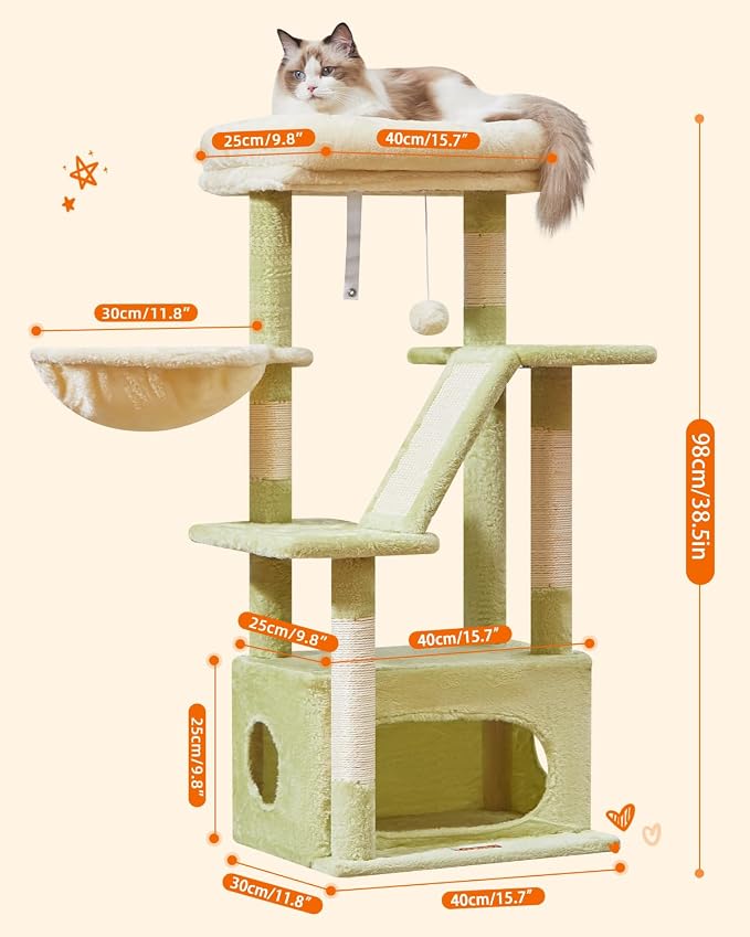Taoqimiao Cat Tree,38.5-Inch Cat Tower for Indoor Cats,Suitable for Kittens with Luxurious cat condo with Adjustable Baskets and Luxurious Perch MS029SGB Green and Beige
