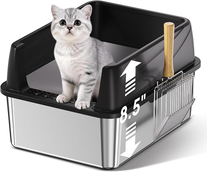 Stainless Steel Litter Box, 17.4'' x 13.5'' x 8.5'' Metal Kitty Litter Box for Small Cats Kitten High Sided Litter Boxs with Scoop Open Top Low Entry Easy to Clean Non-Sticky Anti-Leakage
