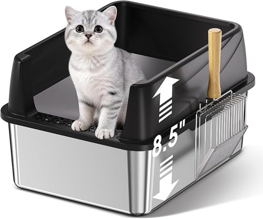Stainless Steel Litter Box, 17.4'' x 13.5'' x 8.5'' Metal Kitty Litter Box for Small Cats Kitten High Sided Litter Boxs with Scoop Open Top Low Entry Easy to Clean Non-Sticky Anti-Leakage