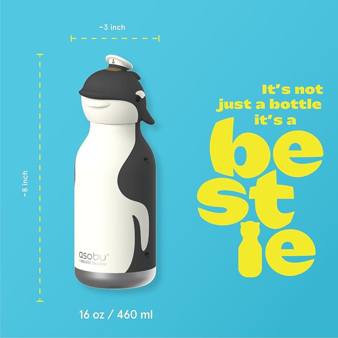 Asobu Bestie Bottle Limited Edition Collectible Kids Water Bottle with Animal Character Lid 16oz (460ml) Insulated Stainless Steel, Leakproof, Reusable with Straw Fun Gift for Girls & Boys