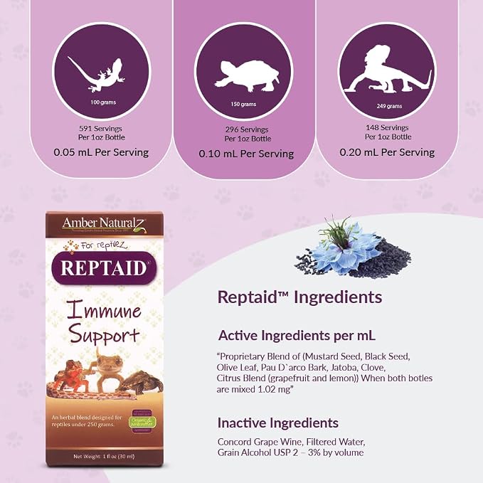 AMBER NATURALZ Reptaid Herbal Supplement for Small Reptiles | Herbal Pet Supplement for Immune Support | for Reptiles Under 250g | 1 Fluid Ounce Glass Bottle | Manufactured in the USA