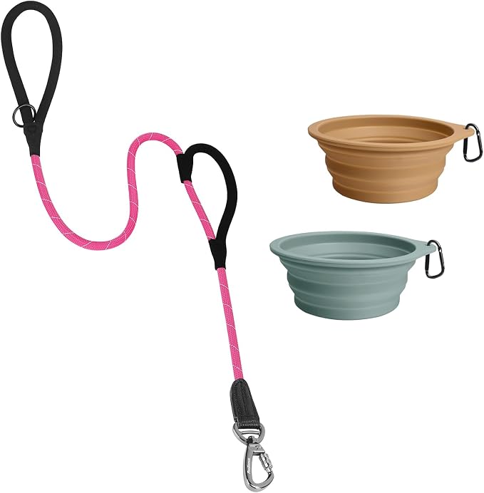 PetBonus Double Handle Rope Dog Leash and 2-Pack Large Silicone Collapsible Dog Bowls