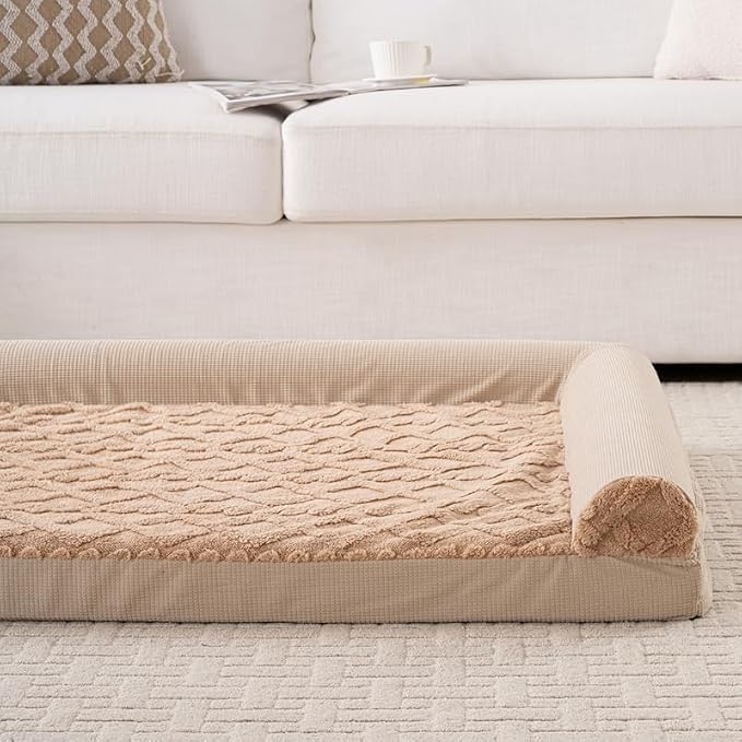 Dog Bed, L-Shaped Plush Sofa with Bolster, Memory Foam Pet Bed, Machine Washable Cover, for All Dog and cat Breeds (Brown, 42" x 30" x 6.5")